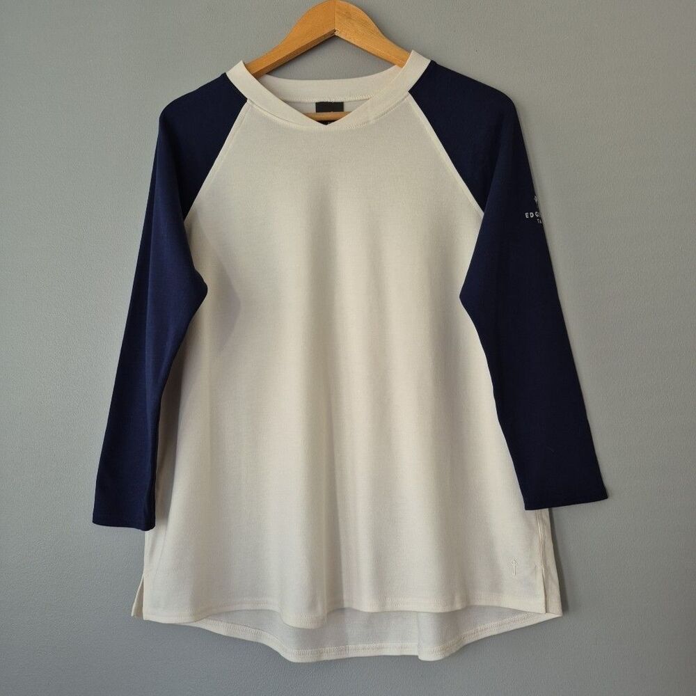 Belyn Key White Blue 3/4 Sleeve Edgewood Tahoe Pullover Tee Shirt Womens XL